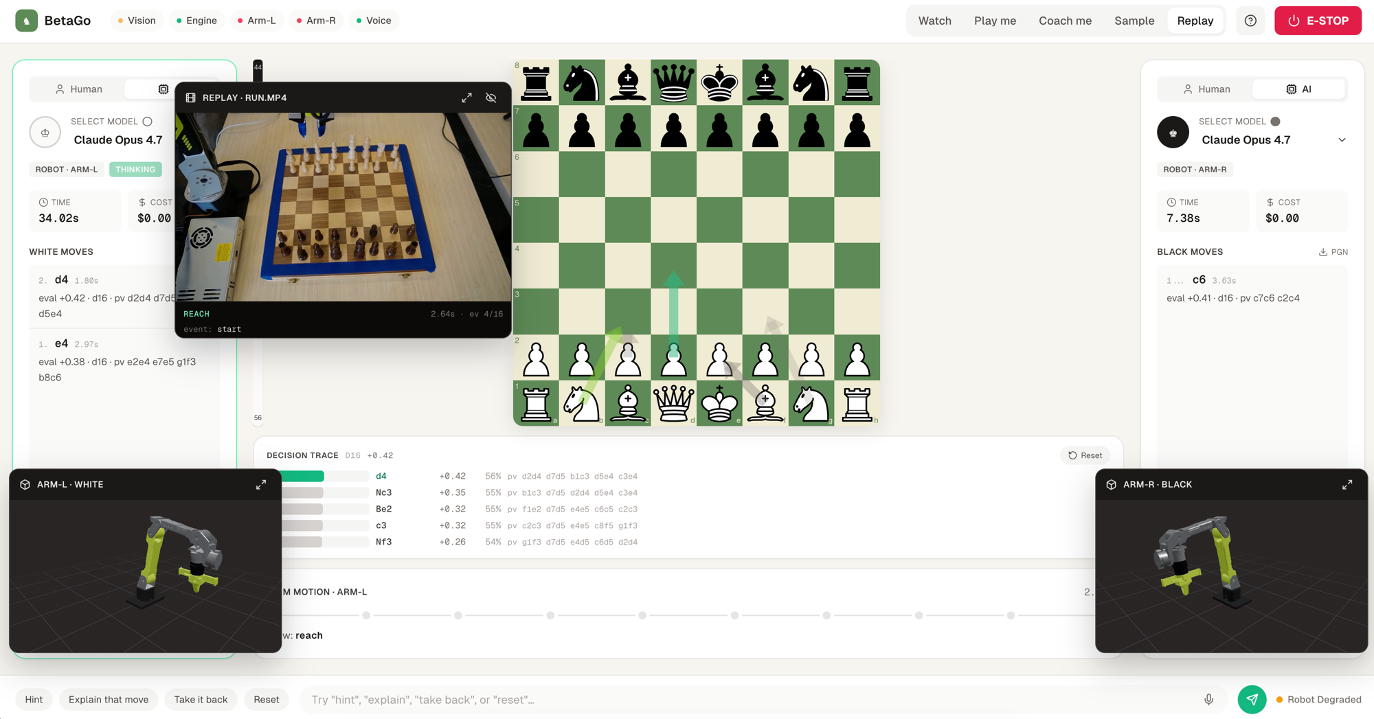 BetaGo UI — board with multi-PV arrows, decision trace, two arm consoles and a board camera.